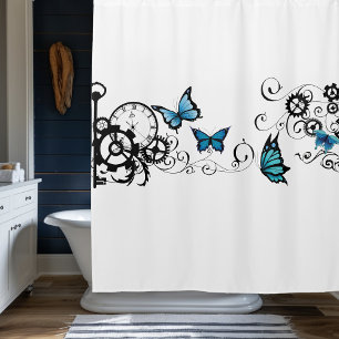 Steampunk Tribal Blue Butterflies Gear Swirl Shower Curtain