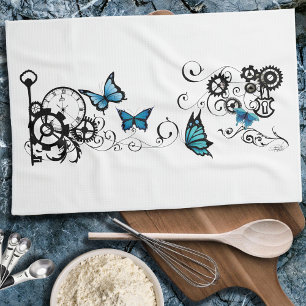 Steampunk Tribal Blue Butterflies Tea Towel