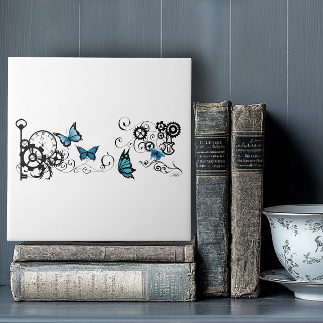 Steampunk Tribal Blue Butterflies  Tile (Creator Uploaded)