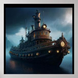 Steampunk Tugboat On A Cloudy Day Mousepad Poster