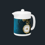 Steampunk turquoise Background with Gears<br><div class="desc">Turquoise,  textured,  steampunk background with brass and gold gears,  a silver key and the clock. Steampunk style.</div>