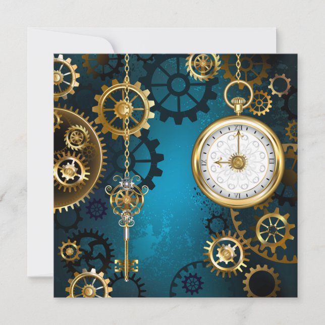 Steampunk turquoise Background with Gears Announcement (Front)
