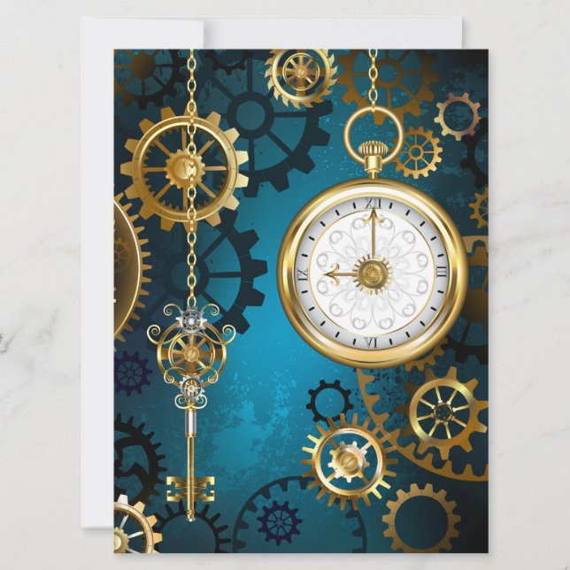 Steampunk turquoise Background with Gears Announcement (Front)