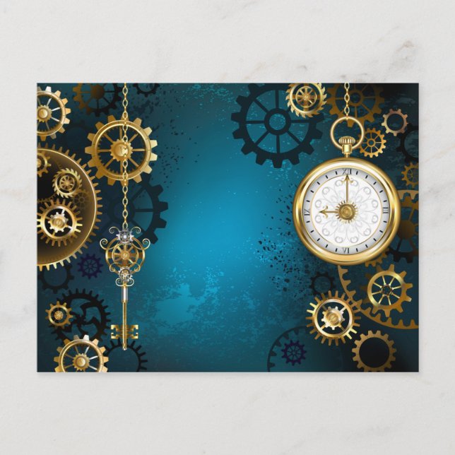 Steampunk turquoise Background with Gears Announcement Postcard (Front)