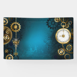 Steampunk turquoise Background with Gears Banner