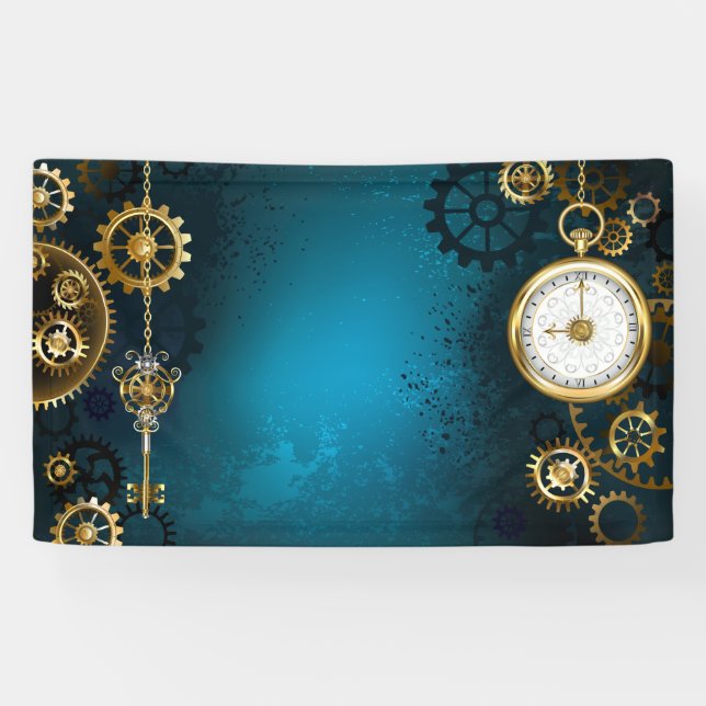 Steampunk turquoise Background with Gears Banner (Horizontal)