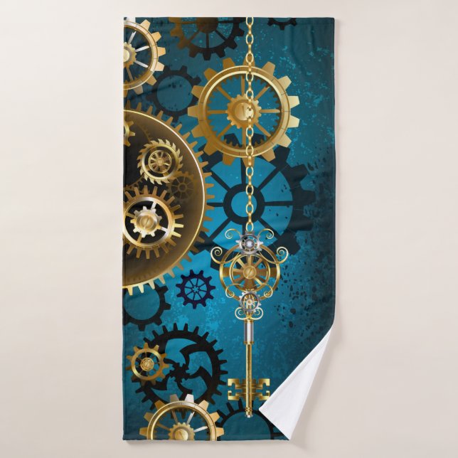 Steampunk turquoise Background with Gears Bath Towel (Bath Towel)