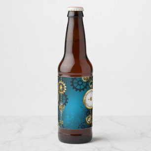 Steampunk turquoise Background with Gears Beer Bottle Label