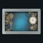 Steampunk turquoise Background with Gears Belt Buckle<br><div class="desc">Turquoise,  textured,  steampunk background with brass and gold gears,  a silver key and the clock. Steampunk style.</div>