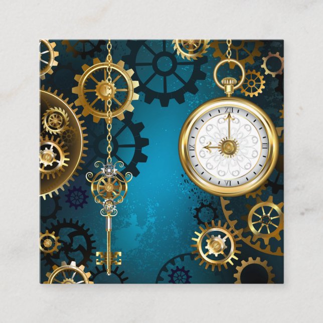 Steampunk turquoise Background with Gears Calling Card (Front)