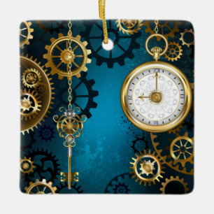 Steampunk turquoise Background with Gears Ceramic Ornament