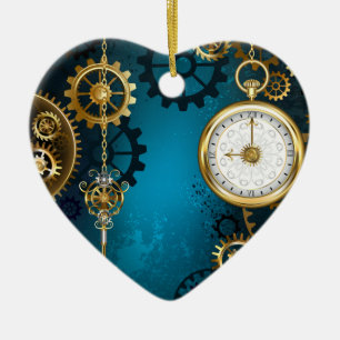 Steampunk turquoise Background with Gears Ceramic Tree Decoration