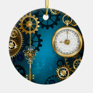 Steampunk turquoise Background with Gears Ceramic Tree Decoration