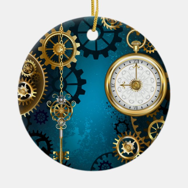 Steampunk turquoise Background with Gears Ceramic Tree Decoration (Front)