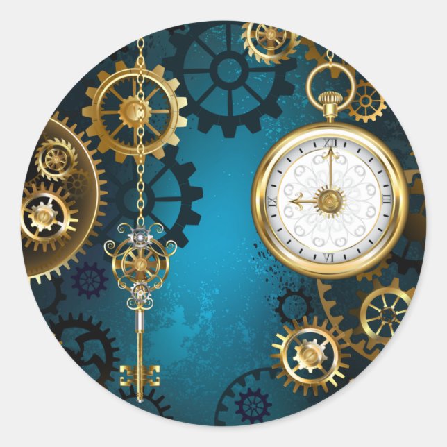 Steampunk turquoise Background with Gears Classic Round Sticker (Front)