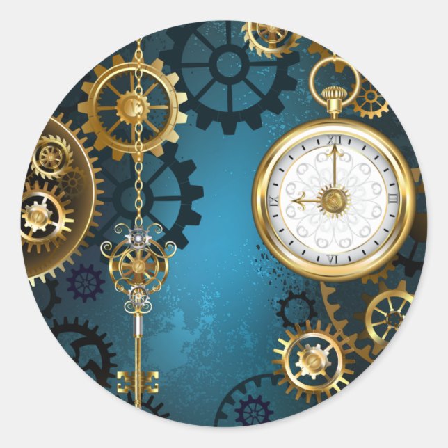 Steampunk turquoise Background with Gears Classic Round Sticker (Front)