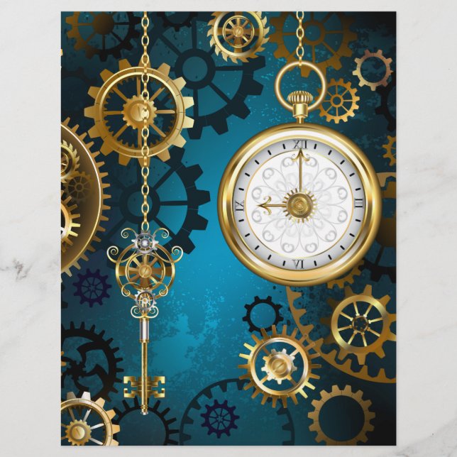 Steampunk turquoise Background with Gears Custom Letterhead (Front)