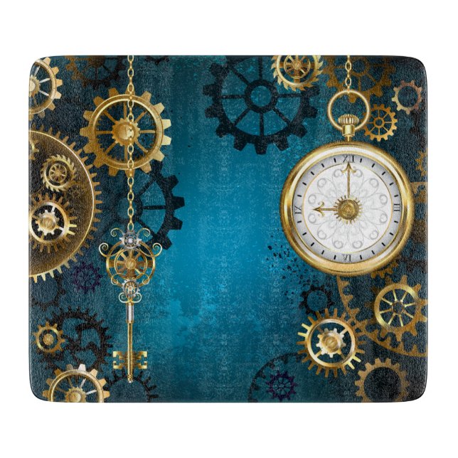 Steampunk turquoise Background with Gears Cutting Board (Front)