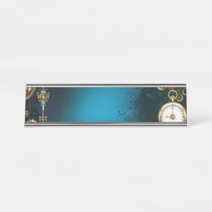 Steampunk turquoise Background with Gears Desk Name Plate