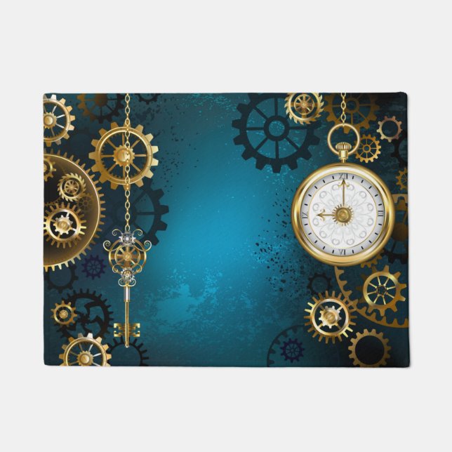 Steampunk turquoise Background with Gears Doormat (Front)
