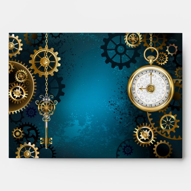 Steampunk turquoise Background with Gears Envelope (Front)