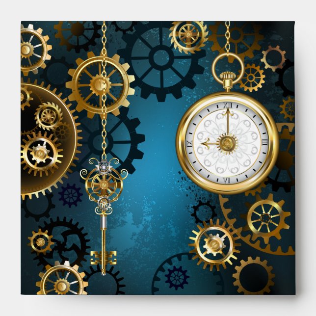 Steampunk turquoise Background with Gears Envelope (Front)