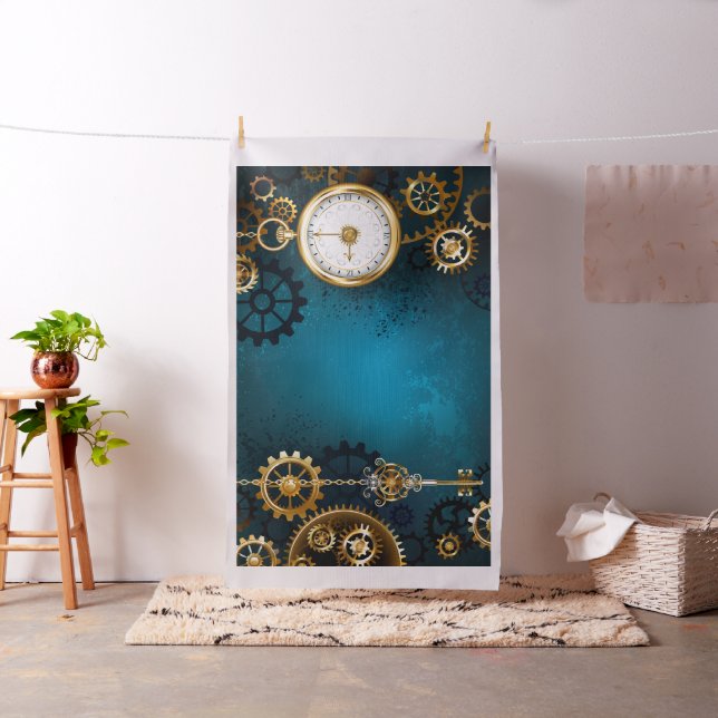 Steampunk turquoise Background with Gears Fabric (In Situ)
