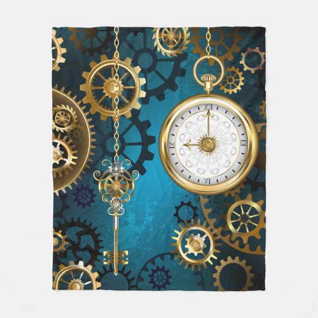 Steampunk turquoise Background with Gears Fleece Blanket (Front)