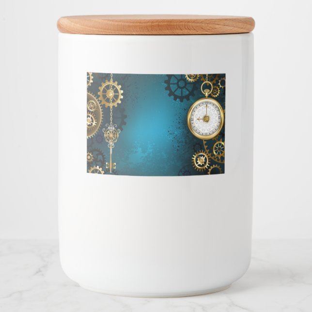 Steampunk turquoise Background with Gears Food Label (Front)