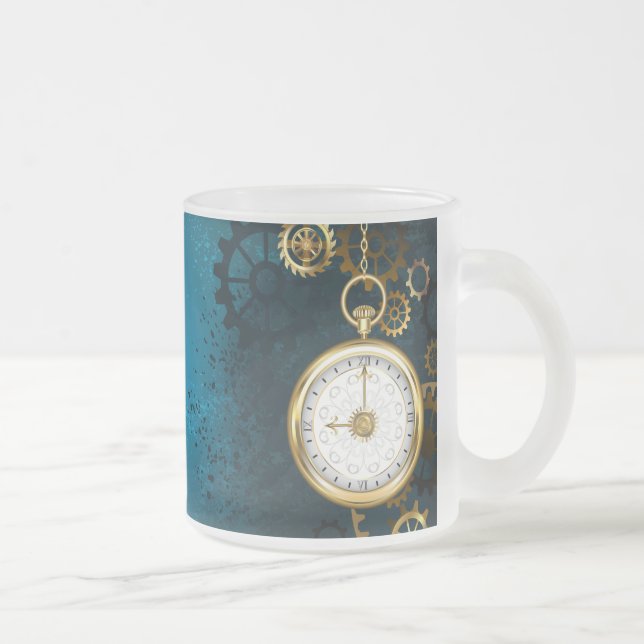 Steampunk turquoise Background with Gears Frosted Glass Coffee Mug (Right)