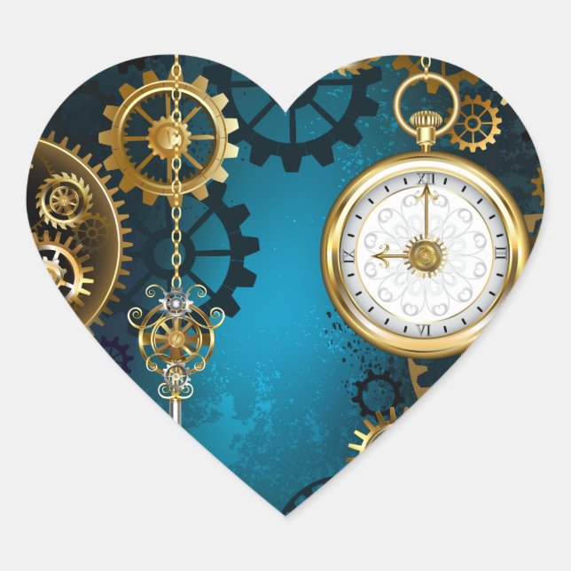 Steampunk turquoise Background with Gears Heart Sticker (Front)