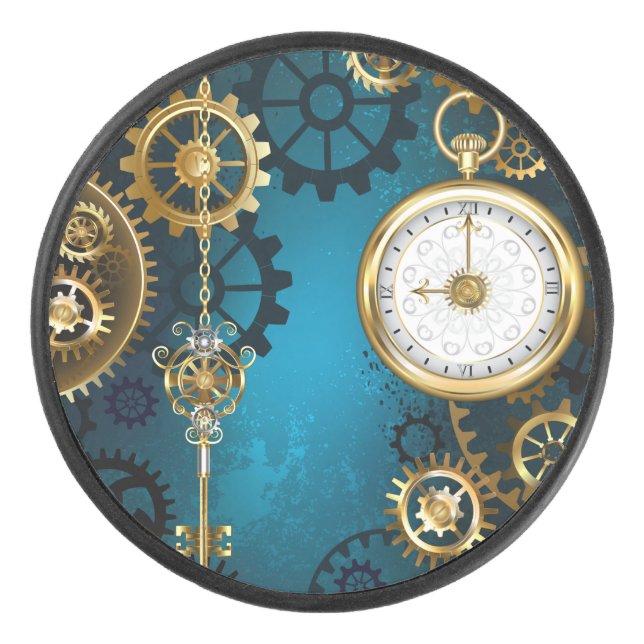 Steampunk turquoise Background with Gears Hockey Puck (Front)