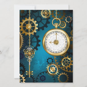 Steampunk turquoise Background with Gears Holiday Card
