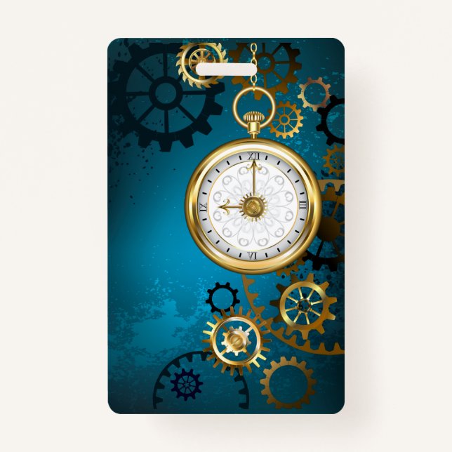 Steampunk turquoise Background with Gears ID Badge (Front)