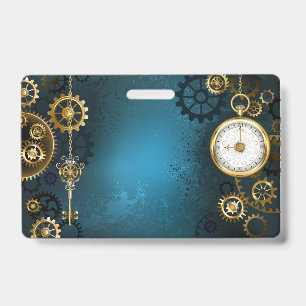 Steampunk turquoise Background with Gears ID Badge