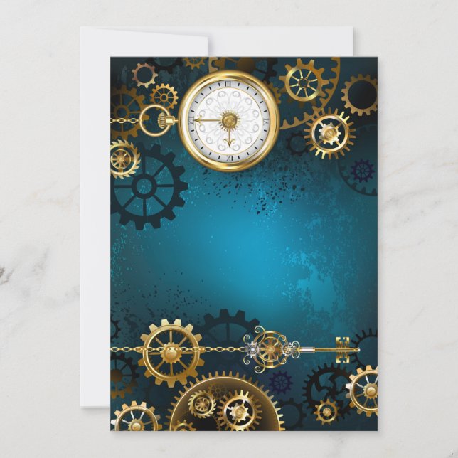 Steampunk turquoise Background with Gears Invitation (Front)