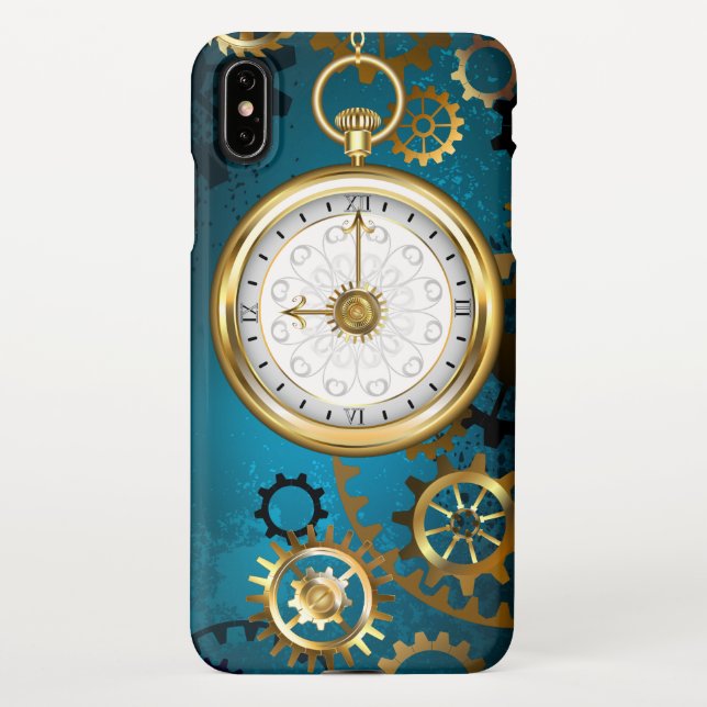Steampunk turquoise Background with Gears iPhone Case (Back)