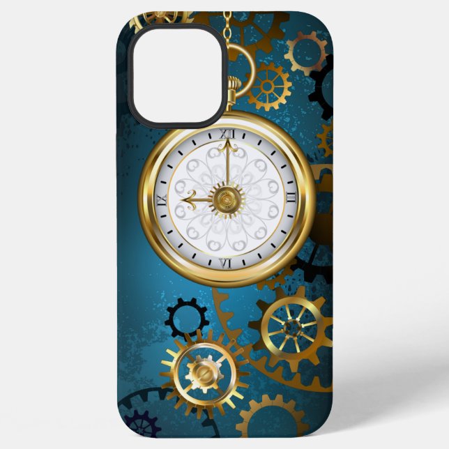 Steampunk turquoise Background with Gears iPhone Case (Back)