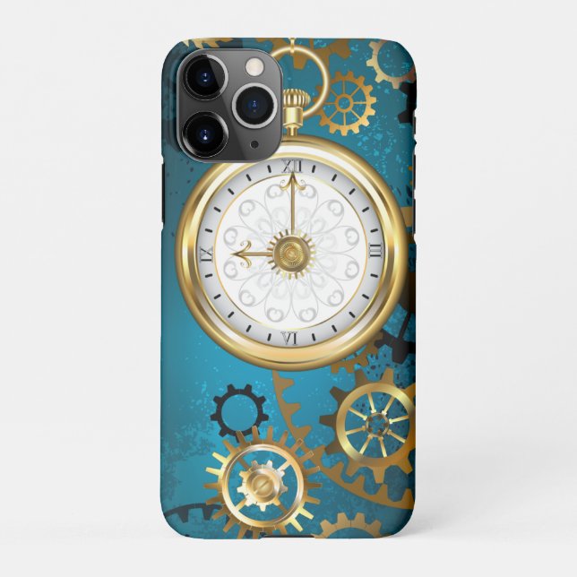 Steampunk turquoise Background with Gears iPhone Case (Back)