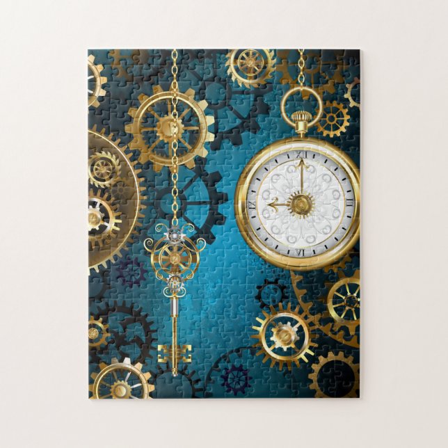 Steampunk turquoise Background with Gears Jigsaw Puzzle (Vertical)