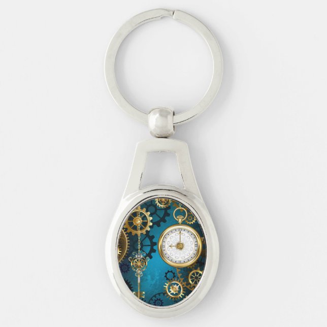 Steampunk turquoise Background with Gears Key Ring (Front)