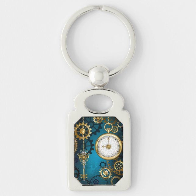 Steampunk turquoise Background with Gears Key Ring (Front)