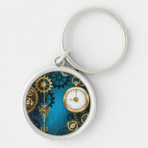 Steampunk turquoise Background with Gears Key Ring