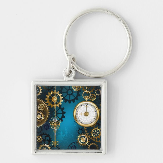 Steampunk turquoise Background with Gears Key Ring (Front)