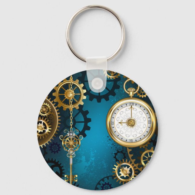 Steampunk turquoise Background with Gears Key Ring (Front)