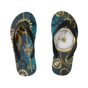 Steampunk turquoise Background with Gears Kid's Flip Flops