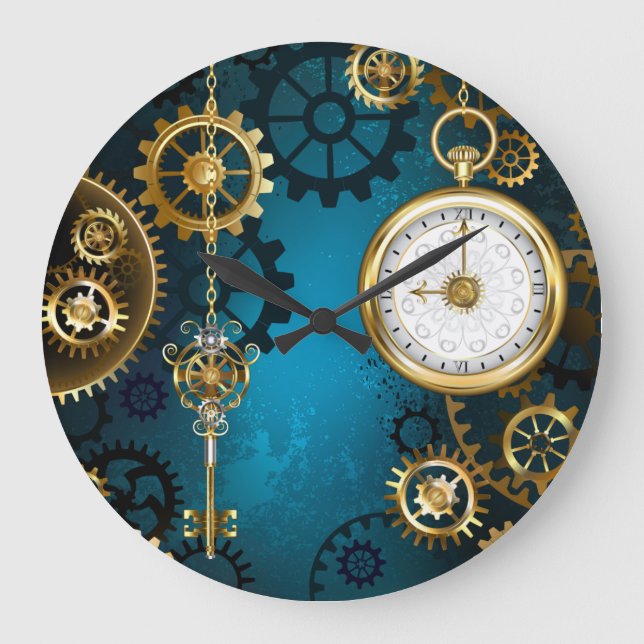 Steampunk turquoise Background with Gears Large Clock (Front)