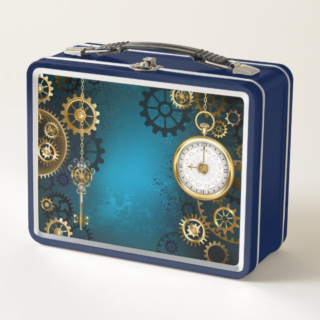 Steampunk turquoise Background with Gears Metal Lunch Box (Front)