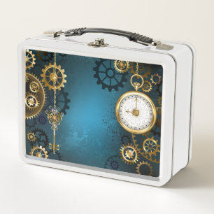 Steampunk turquoise Background with Gears Metal Lunch Box