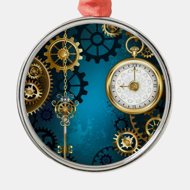Steampunk turquoise Background with Gears Metal Tree Decoration (Front)